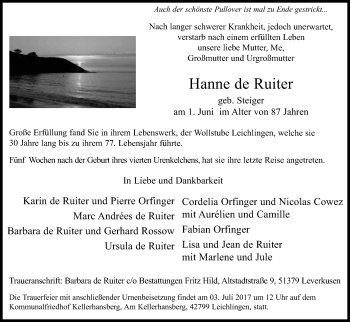 Anzeige von Hanne de Ruiter von Kölner Stadt-Anzeiger / Kölnische Rundschau / Express