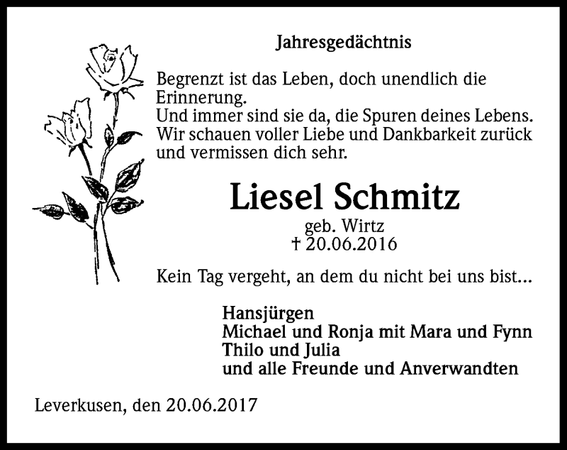  Traueranzeige für Liesel Schmitz vom 20.06.2017 aus Kölner Stadt-Anzeiger / Kölnische Rundschau / Express