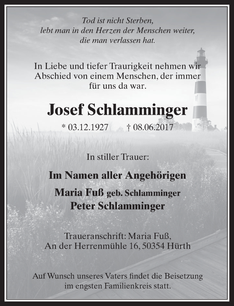  Traueranzeige für Josef Schlamminger vom 28.06.2017 aus  Wochenende 