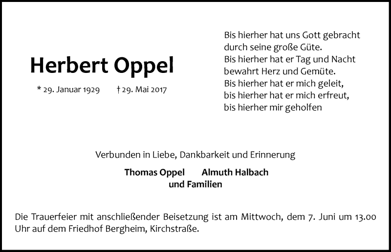  Traueranzeige für Herbert Oppel vom 07.06.2017 aus  Werbepost 