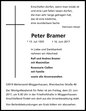 Anzeige von Peter Bramer von Kölner Stadt-Anzeiger / Kölnische Rundschau / Express