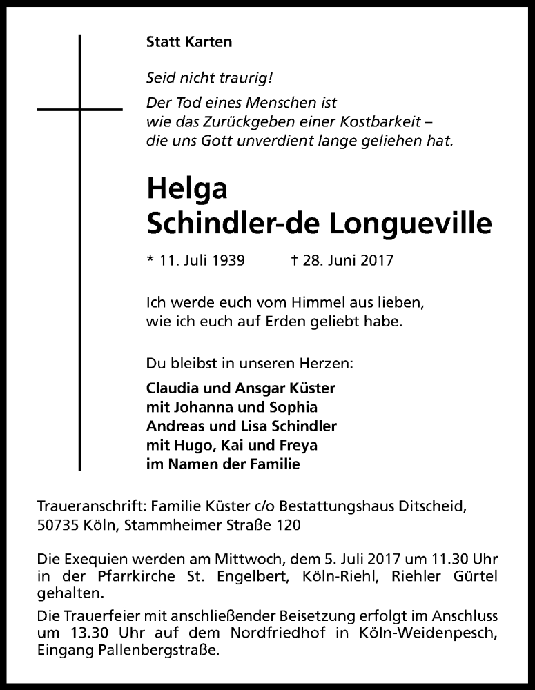  Traueranzeige für Helga Schindler-de Longueville vom 01.07.2017 aus Kölner Stadt-Anzeiger / Kölnische Rundschau / Express