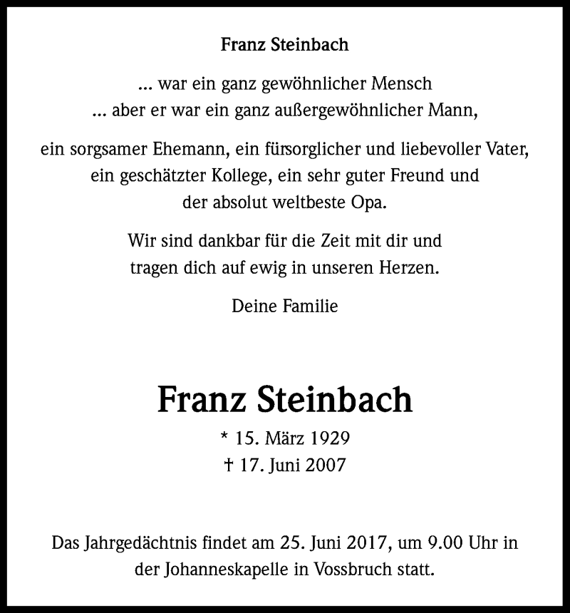  Traueranzeige für Franz Steinbach vom 17.06.2017 aus Kölner Stadt-Anzeiger / Kölnische Rundschau / Express