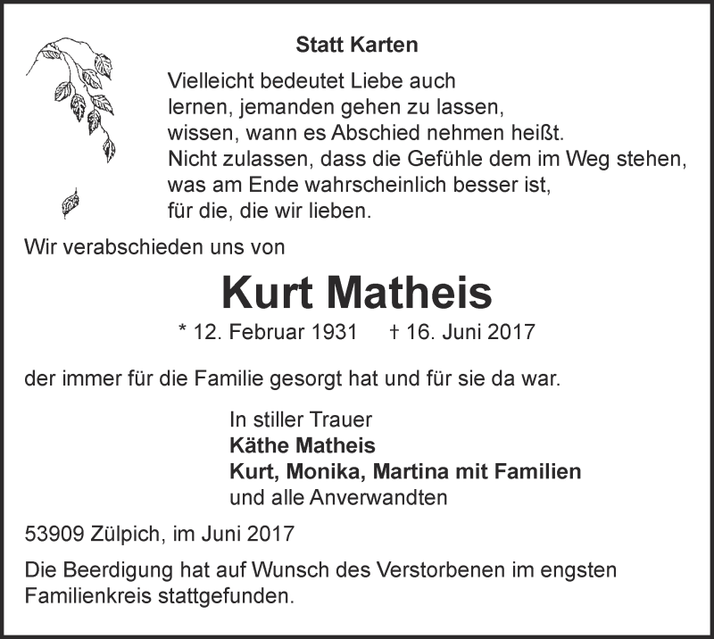  Traueranzeige für Kurt Matheis vom 24.06.2017 aus  Blickpunkt Euskirchen 