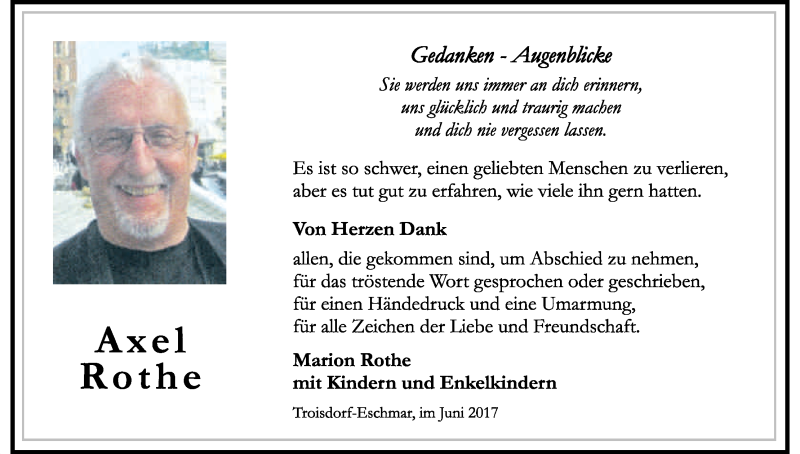  Traueranzeige für Axel Rothe vom 24.06.2017 aus Kölner Stadt-Anzeiger / Kölnische Rundschau / Express