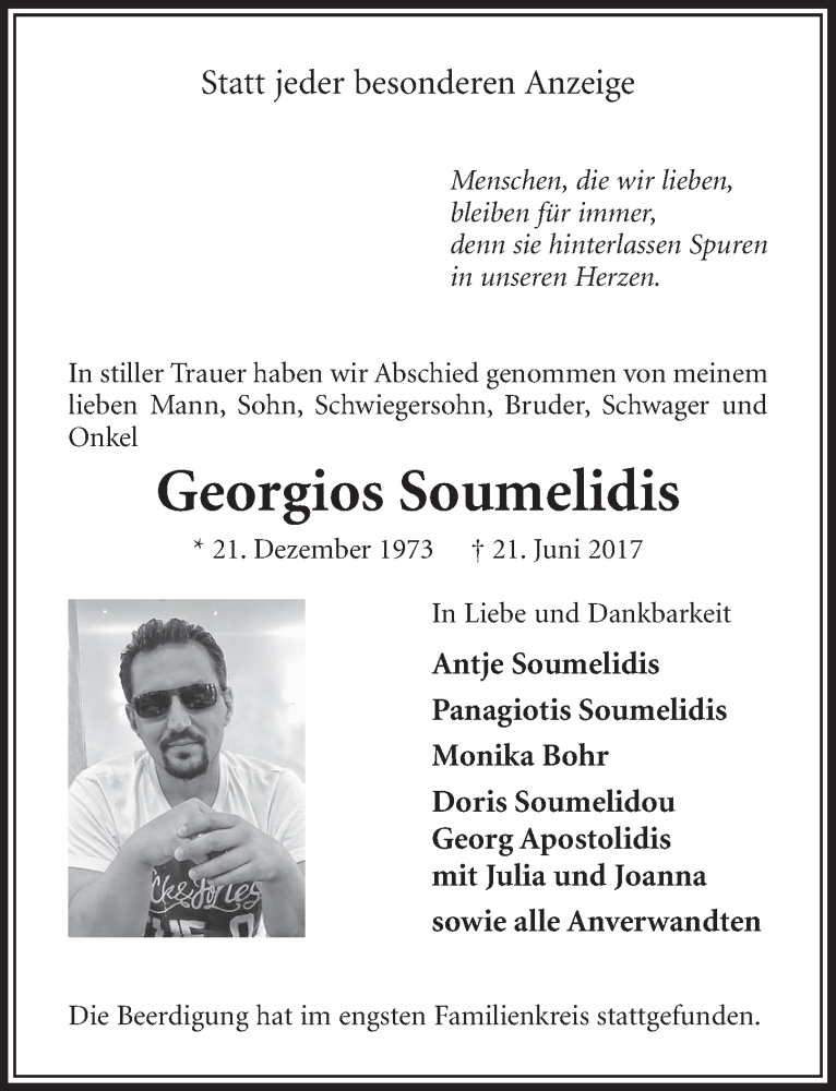  Traueranzeige für Georgios Soumelidis vom 01.07.2017 aus  Sonntags-Post 