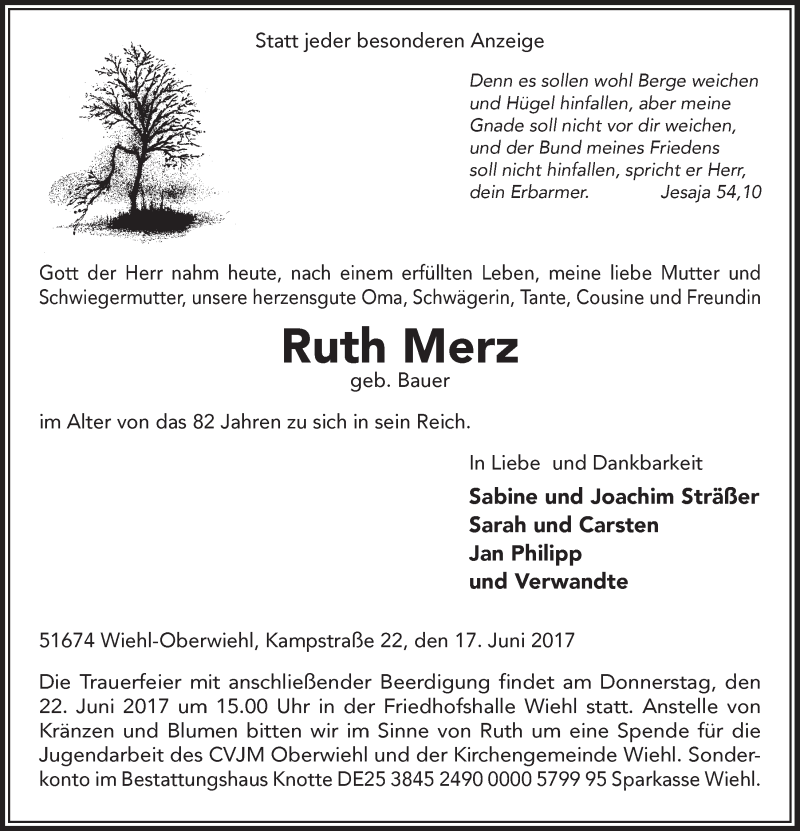  Traueranzeige für Ruth Merz vom 21.06.2017 aus  Lokalanzeiger 