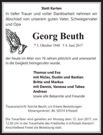 Anzeige von Georg Beuth von  Sonntags-Post 