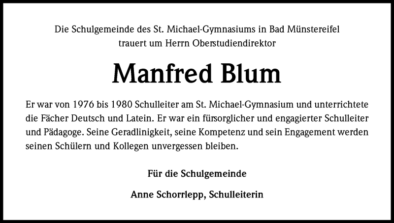  Traueranzeige für Manfred Blum vom 03.06.2017 aus Kölner Stadt-Anzeiger / Kölnische Rundschau / Express