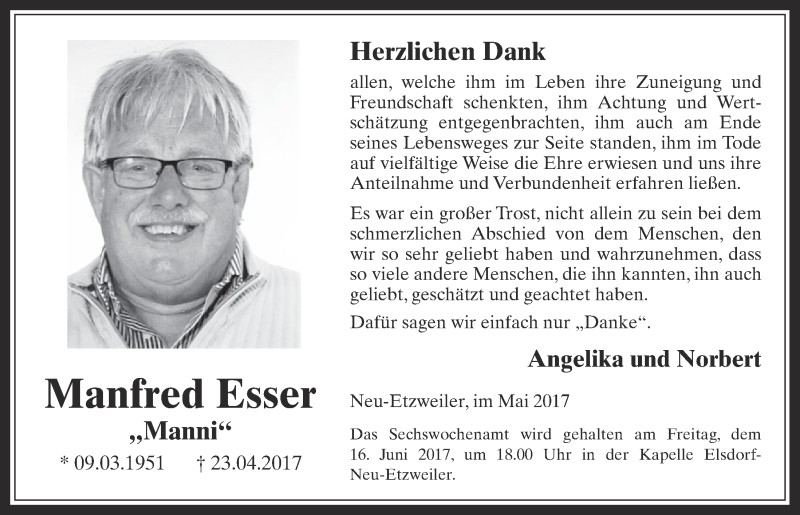  Traueranzeige für Manfred Esser vom 14.06.2017 aus  Werbepost 