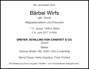 Anzeige von Bärbel Wirts von Kölner Stadt-Anzeiger / Kölnische Rundschau / Express