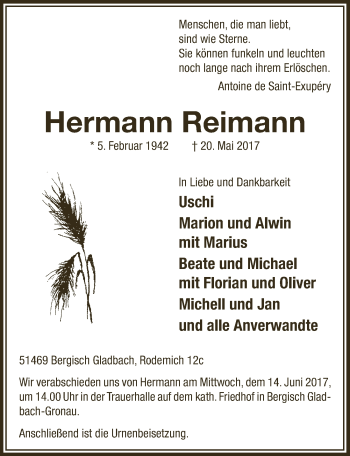 Anzeige von Hermann Reimann von  Bergisches Handelsblatt 