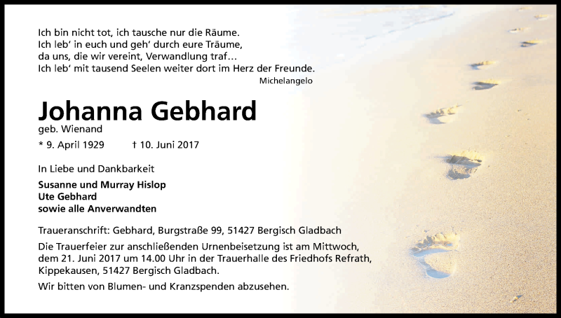  Traueranzeige für Johanna Gebhard vom 17.06.2017 aus Kölner Stadt-Anzeiger / Kölnische Rundschau / Express