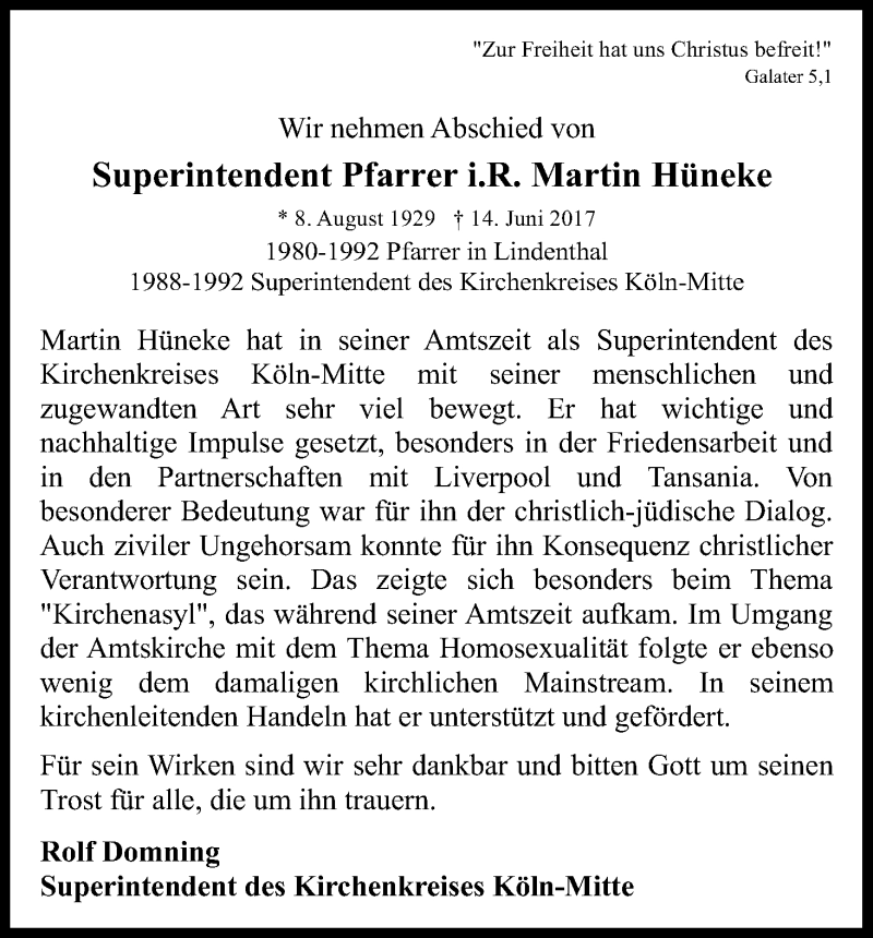 Traueranzeige für Martin Hüneke vom 01.07.2017 aus Kölner Stadt-Anzeiger / Kölnische Rundschau / Express