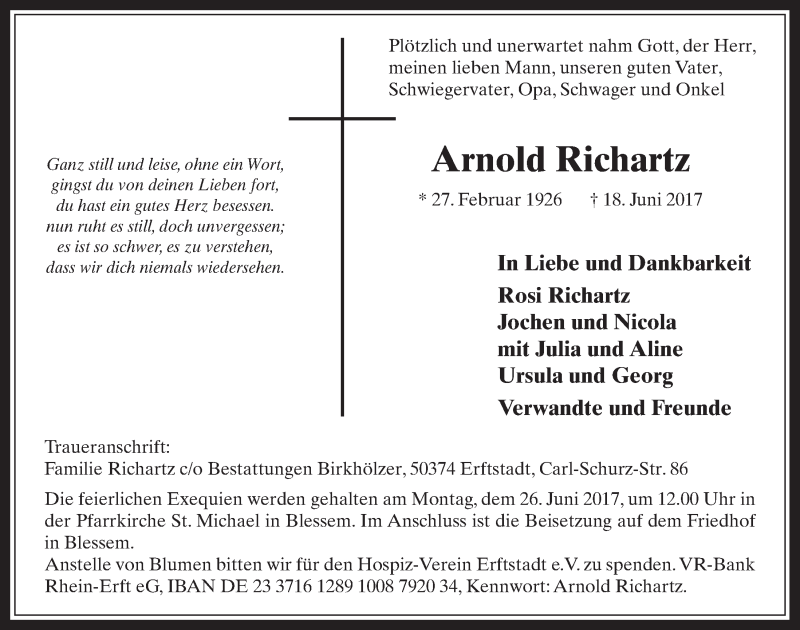  Traueranzeige für Arnold Richartz vom 24.06.2017 aus  Sonntags-Post 