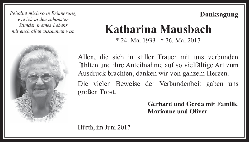  Traueranzeige für Katharina Mausbach vom 24.06.2017 aus  Sonntags-Post 
