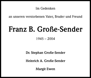 Anzeige von Franz B. Große-Sender von Kölner Stadt-Anzeiger / Kölnische Rundschau / Express
