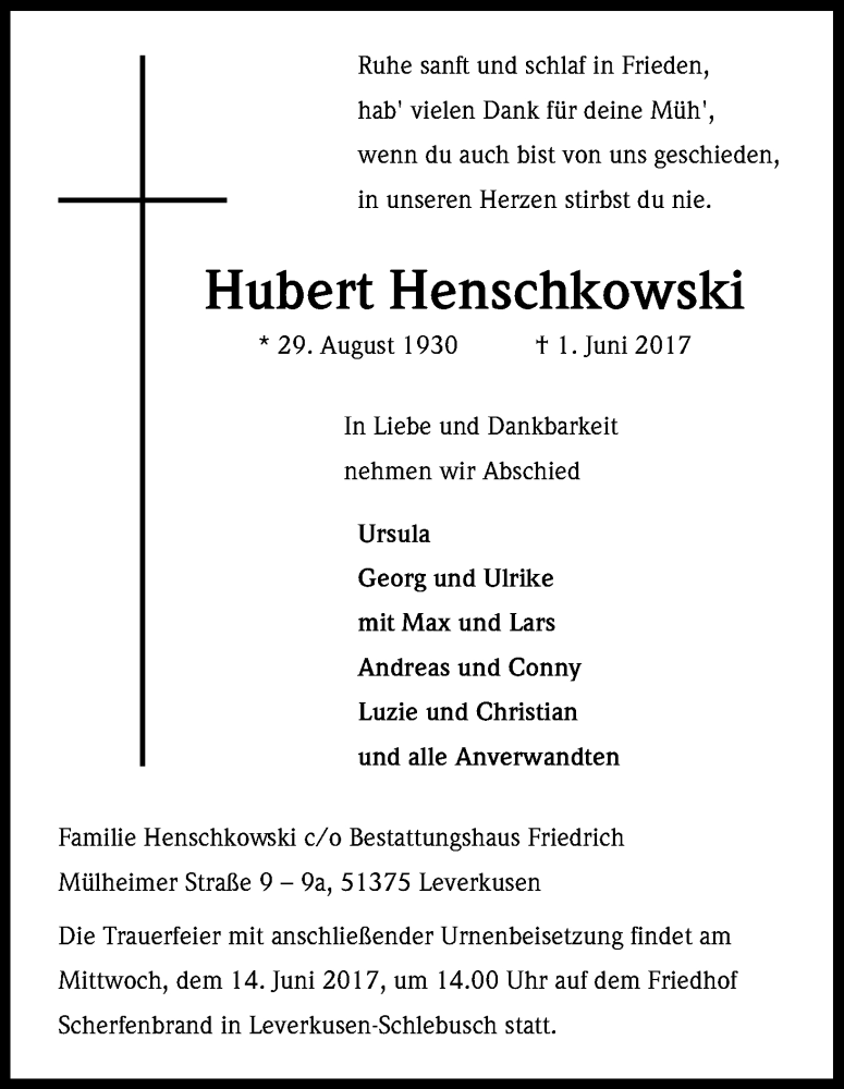  Traueranzeige für Hubert Henschkowski vom 10.06.2017 aus Kölner Stadt-Anzeiger / Kölnische Rundschau / Express