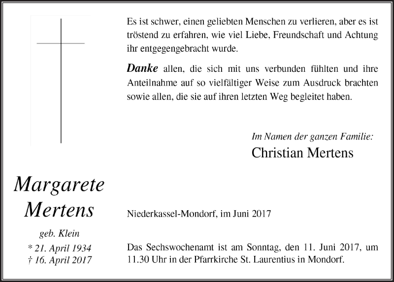  Traueranzeige für Margarete Mertens vom 07.06.2017 aus  Extra Blatt 