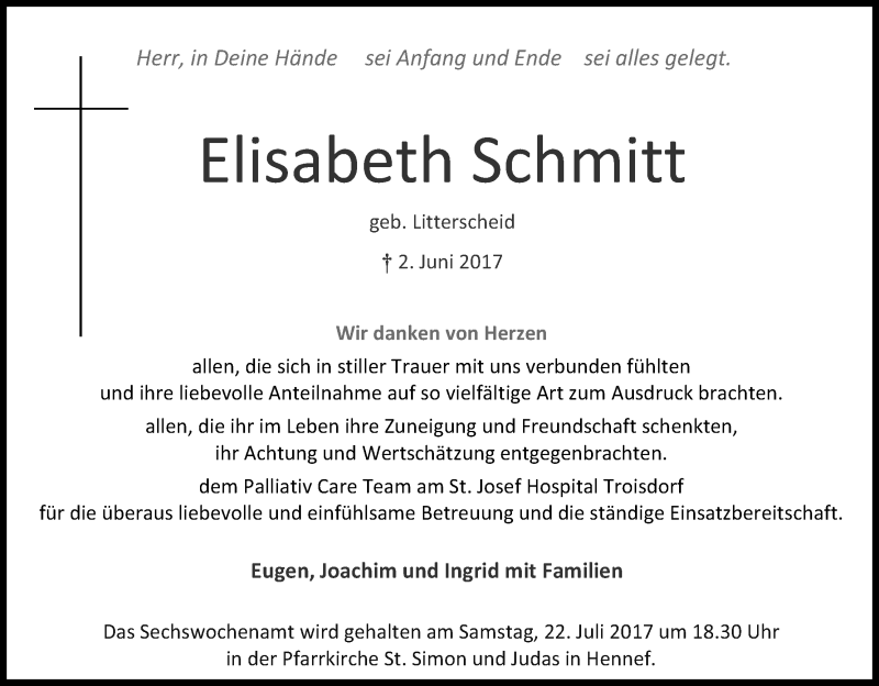  Traueranzeige für Elisabeth Schmitt vom 21.06.2017 aus Kölner Stadt-Anzeiger / Kölnische Rundschau / Express