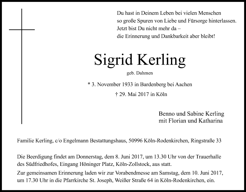  Traueranzeige für Sigrid Kerling vom 03.06.2017 aus Kölner Stadt-Anzeiger / Kölnische Rundschau / Express
