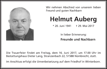 Anzeige von Helmut Auberg von  Lokalanzeiger 