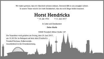Anzeige von Horst Hendricks von Kölner Stadt-Anzeiger / Kölnische Rundschau / Express