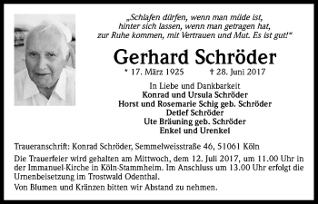 Anzeige von Gerhard Schröder von Kölner Stadt-Anzeiger / Kölnische Rundschau / Express