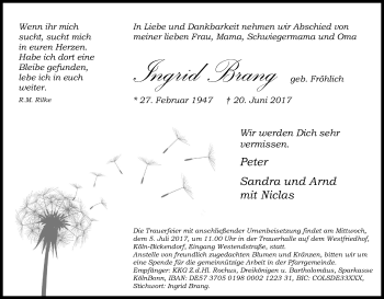 Anzeige von Ingrid Brang von Kölner Stadt-Anzeiger / Kölnische Rundschau / Express
