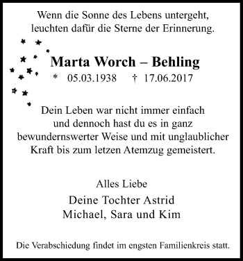 Anzeige von Marta Worch-Behling von Kölner Stadt-Anzeiger / Kölnische Rundschau / Express