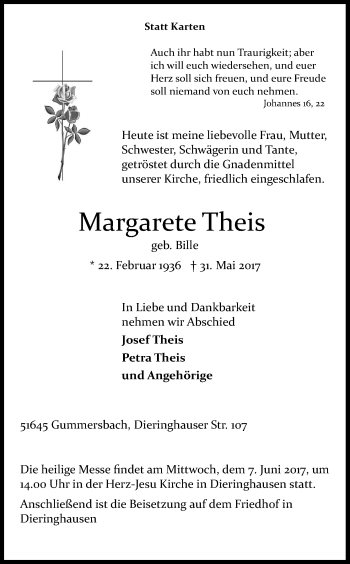 Anzeige von Margarete Theis von Kölner Stadt-Anzeiger / Kölnische Rundschau / Express