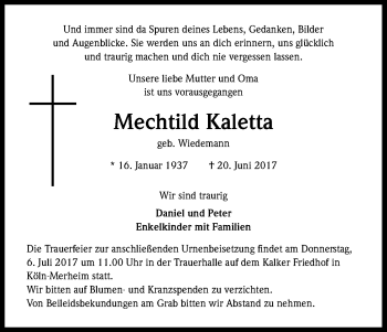 Anzeige von Mechtild Kaletta von Kölner Stadt-Anzeiger / Kölnische Rundschau / Express