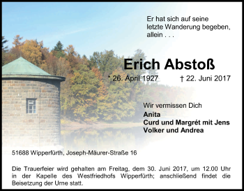 Anzeige von Erich Abstoß von Kölner Stadt-Anzeiger / Kölnische Rundschau / Express