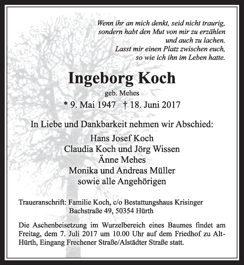  Traueranzeige für Ingeborg Koch vom 28.06.2017 aus  Wochenende 