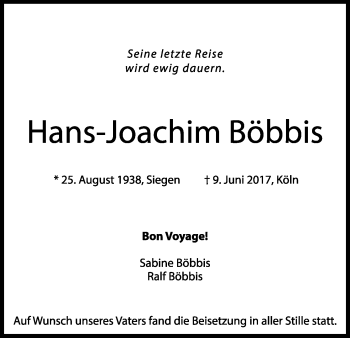 Anzeige von Hans-Joachim Böbbis von Kölner Stadt-Anzeiger / Kölnische Rundschau / Express