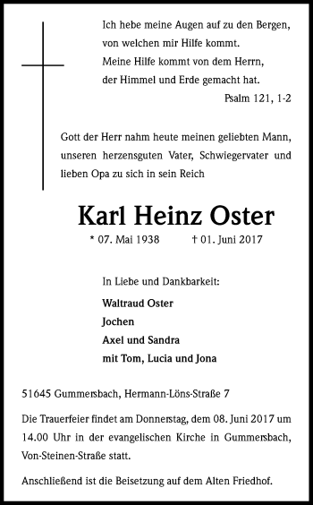 Anzeige von Karl Heinz Oster von Kölner Stadt-Anzeiger / Kölnische Rundschau / Express