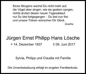 Anzeige von Jürgen Ernst Philipp Hans  Lösche von Kölner Stadt-Anzeiger / Kölnische Rundschau / Express