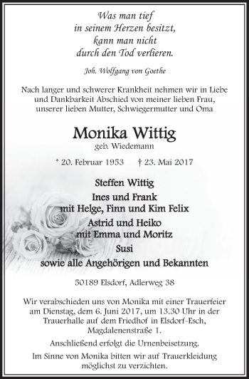 Anzeige von Monika Wittig von  Sonntags-Post 