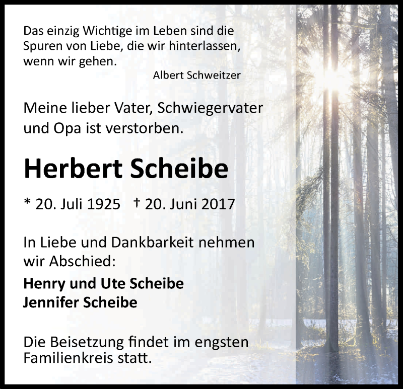  Traueranzeige für Herbert Scheibe vom 24.06.2017 aus Kölner Stadt-Anzeiger / Kölnische Rundschau / Express