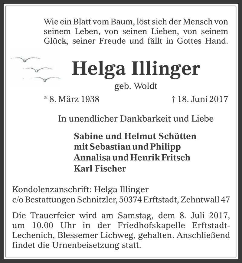  Traueranzeige für Helga Illinger vom 28.06.2017 aus  Werbepost 
