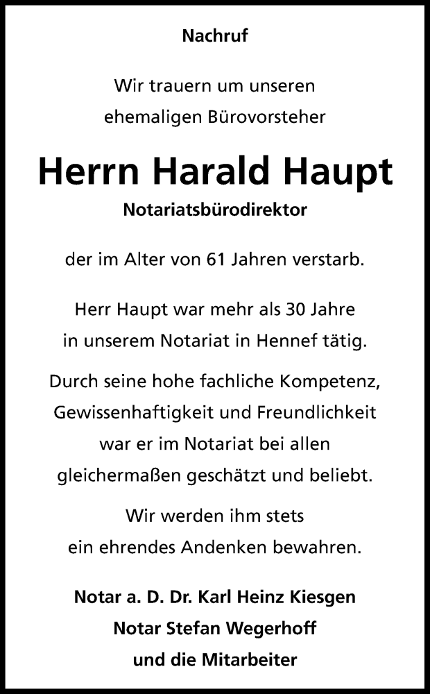  Traueranzeige für Harald Haupt vom 10.06.2017 aus Kölner Stadt-Anzeiger / Kölnische Rundschau / Express