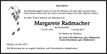 Anzeige von Margarete Radmacher von Kölner Stadt-Anzeiger / Kölnische Rundschau / Express