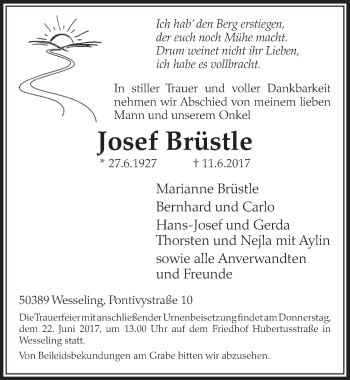 Anzeige von Josef Brüstle von  Schlossbote/Werbekurier 