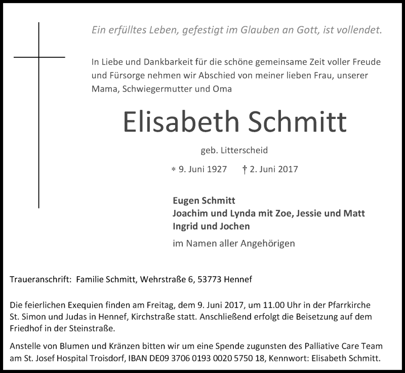  Traueranzeige für Elisabeth Schmitt vom 07.06.2017 aus Kölner Stadt-Anzeiger / Kölnische Rundschau / Express