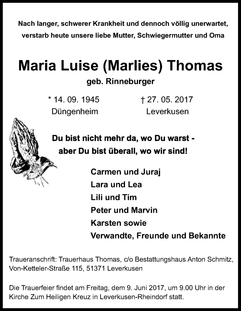  Traueranzeige für Maria Luise Thomas vom 03.06.2017 aus Kölner Stadt-Anzeiger / Kölnische Rundschau / Express