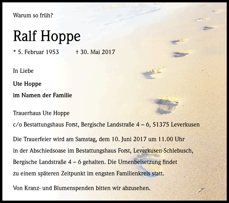 Traueranzeige für Ralf Hoppe vom 03.06.2017 aus Kölner Stadt-Anzeiger / Kölnische Rundschau / Express
