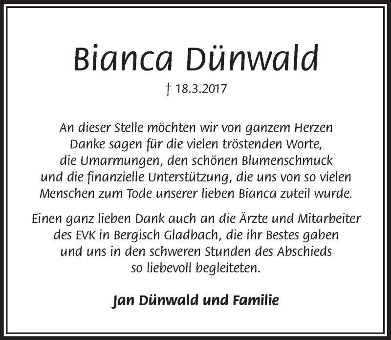  Traueranzeige für Bianca Dünwald vom 07.06.2017 aus  Bergisches Handelsblatt 