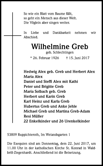 Anzeige von Wilhelmine Greb von Kölner Stadt-Anzeiger / Kölnische Rundschau / Express