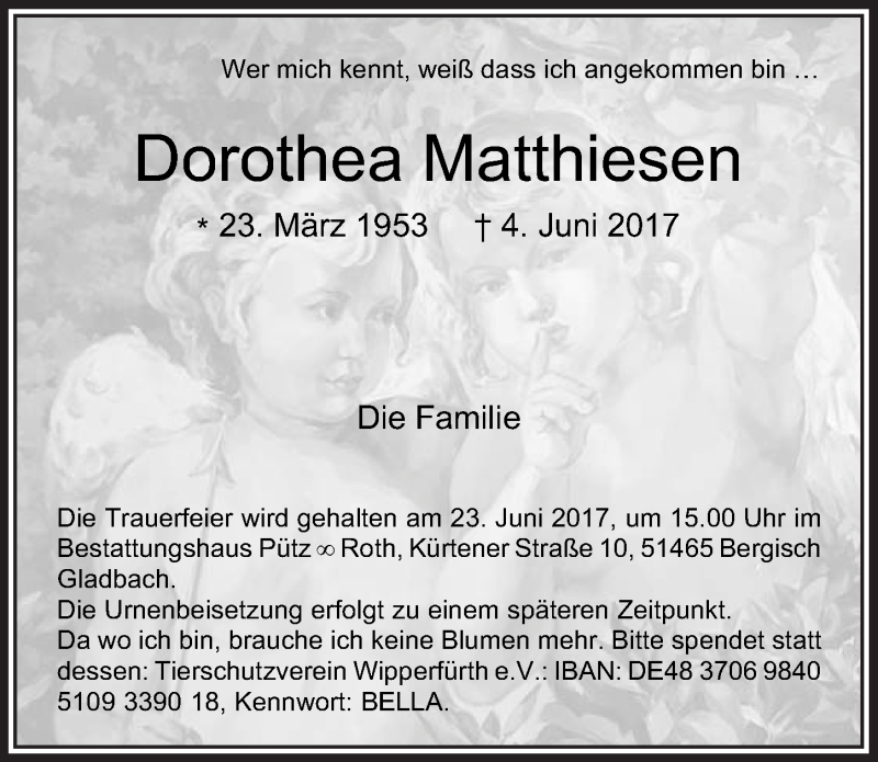  Traueranzeige für Dorothea Matthiesen vom 17.06.2017 aus  Bergisches Sonntagsblatt 