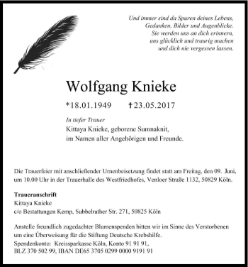 Anzeige von Wolfgang Knieke von Kölner Stadt-Anzeiger / Kölnische Rundschau / Express